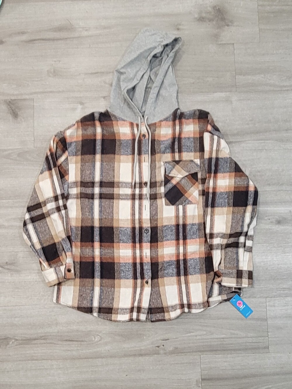 Womens Hooded Plaid Flannel Shirt - Brown & Gray